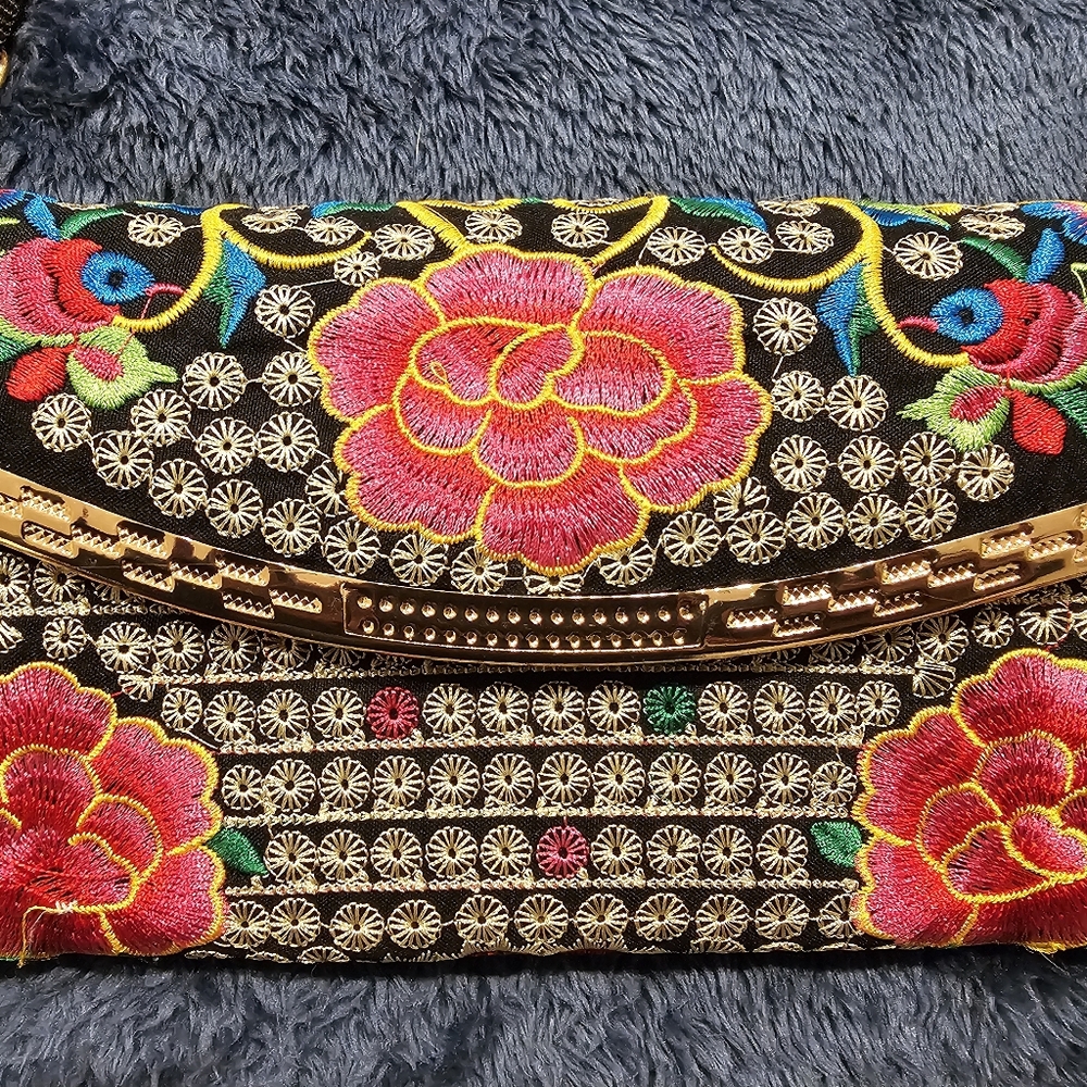 Elegant Floral Embroidered Clutch with Gold Details, Crossbody Or Wristlet
